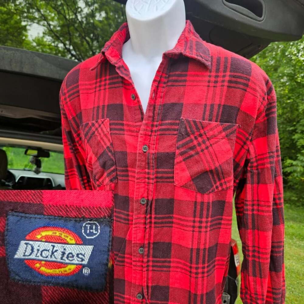 Vintage 80s Dickies Red and Black Buffalo Plaid Flannel Shirt